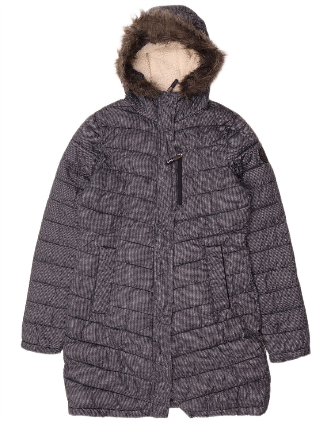 SUPERDRY Женское стеганое пальто с капюшоном UK 12, средний темно-синий, полиэстер