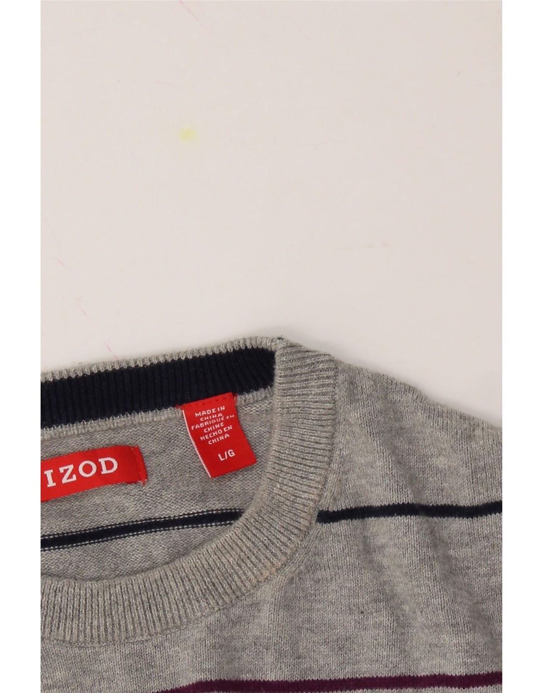 IZOD Mens Crew Neck Jumper Sweater Large Grey Striped Cotton Vintage Izod and Second-Hand Izod from Messina Hembry 