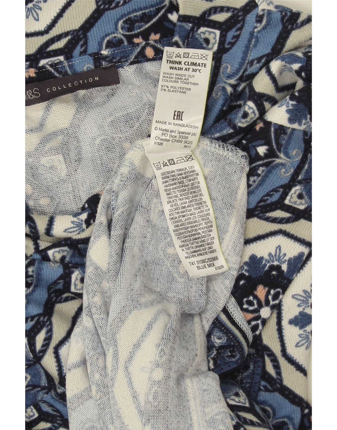 Marks & Spencer Damen-Tunika-Oberteil mit 3/4-Ärmeln, UK-Gr. 12, mittelblau, geometrisch