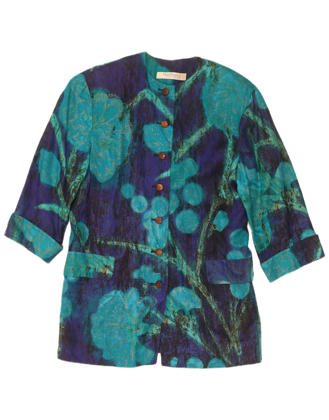 Max Mara Veste blazer à manches 3/4 pour femme 7 boutons UK 14 Bleu moyen floral
