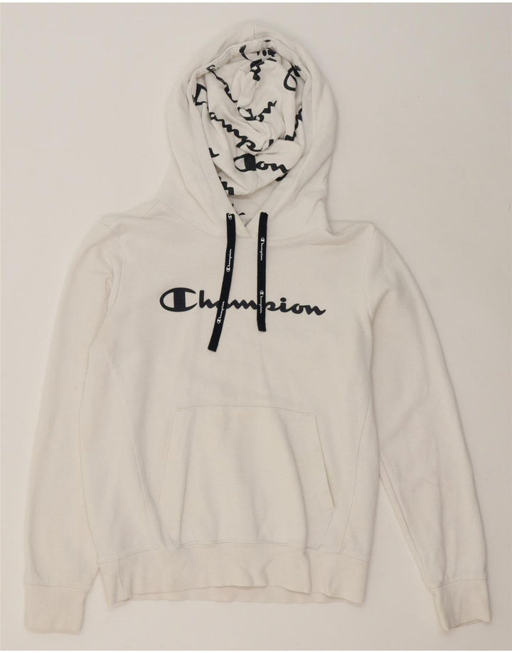 CHAMPION Womens Graphic Hoodie Jumper UK 14 Medium White Vintage Champion and Second-Hand Champion from Messina Hembry 