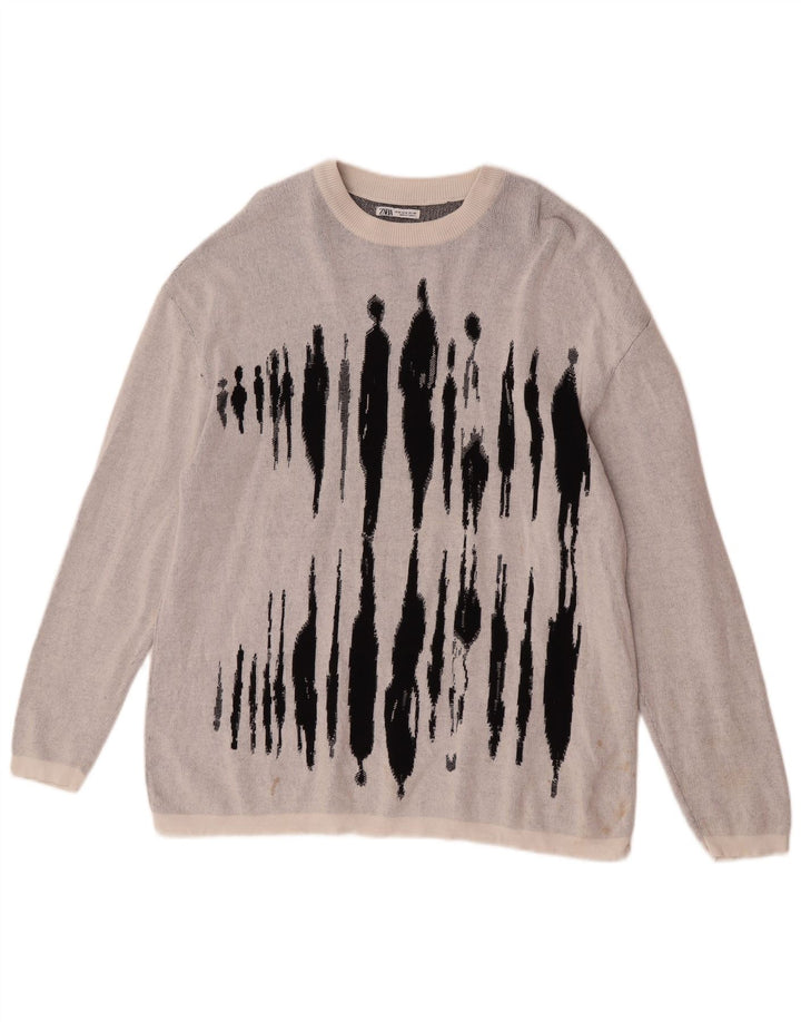 Maglione Zara da uomo con scollo a barca con grafica in cotone grigio medio