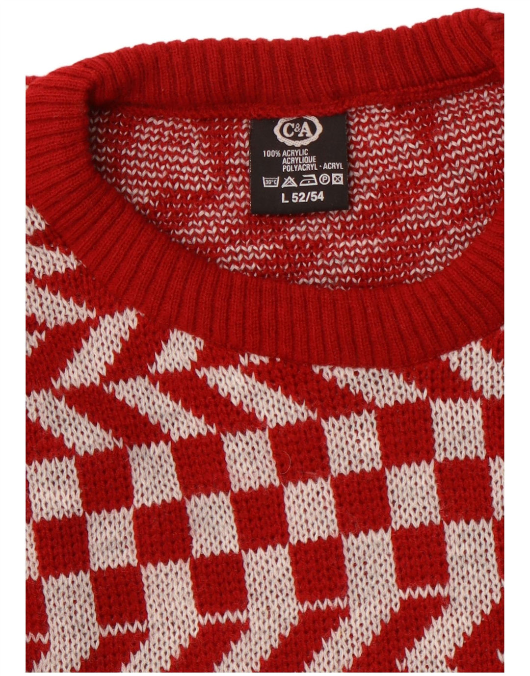 C & A Mens Crew Neck Jumper Sweater Large Red Geometric Acrylic