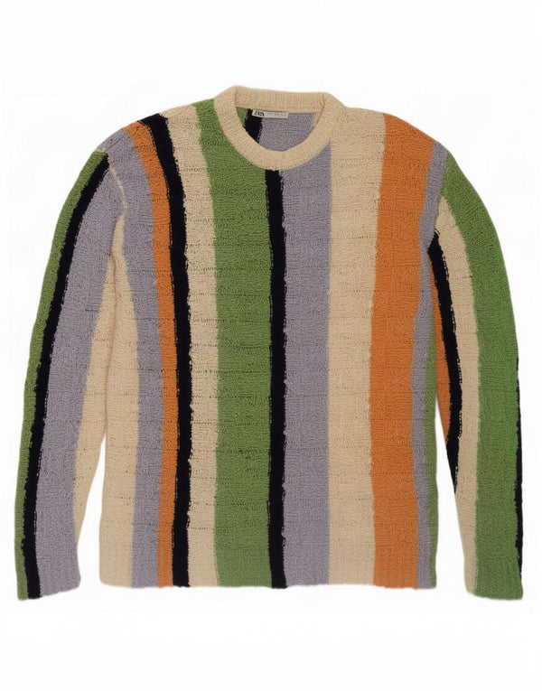Zara Mens Crew Neck Jumper Sweater Medium Multicoloured Colourblock Cotton