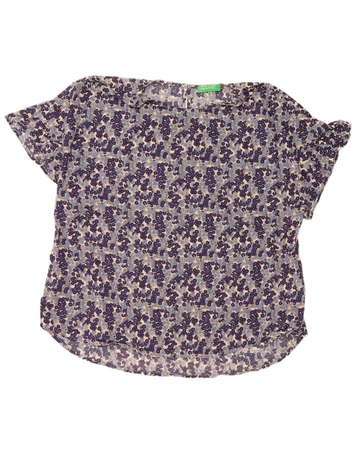 BENETTON Womens Blouse Top UK 14 Medium Blue Floral Cotton