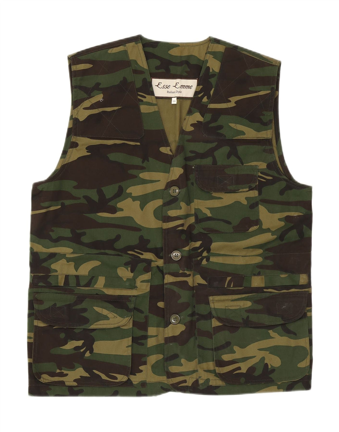 Vintage Mens Utility Gilet IT 48 Medium Green Camouflage Polyester Army
