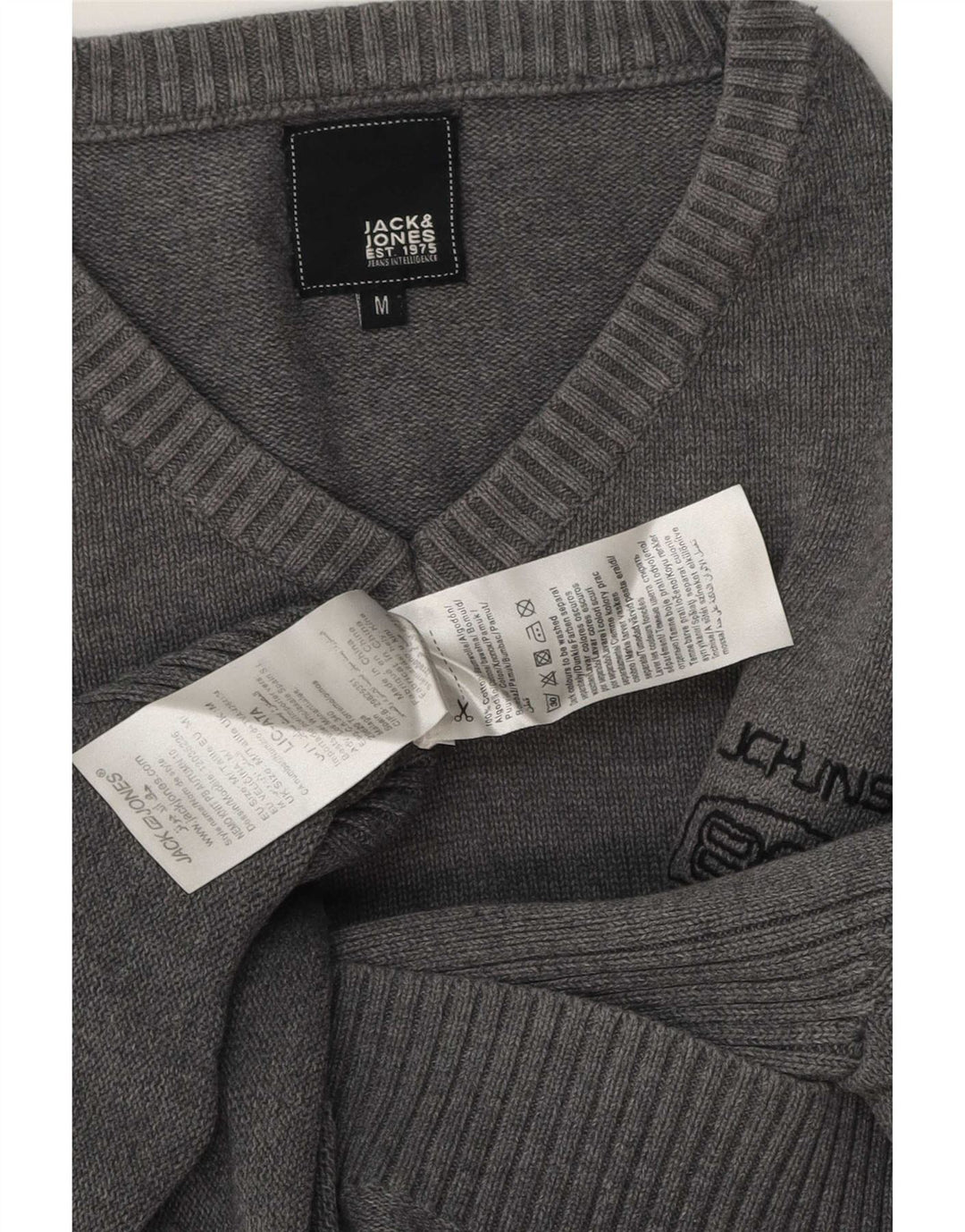 Jack & Jones Mens V-Neck Jumper Sweater Medium Grey Cotton