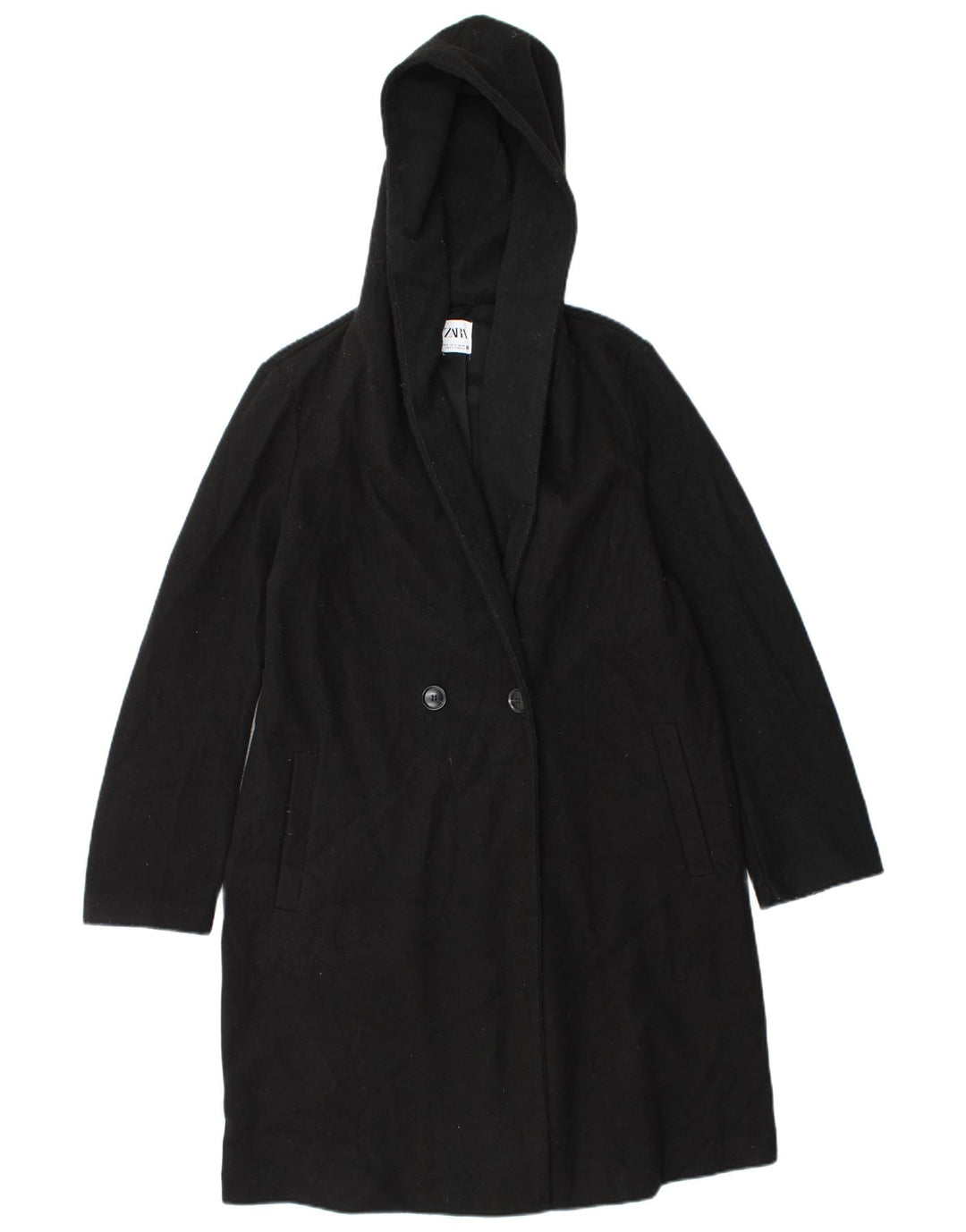 Zara Womens Hooded Oversized Double Breasted Coat UK 10 Small Black
