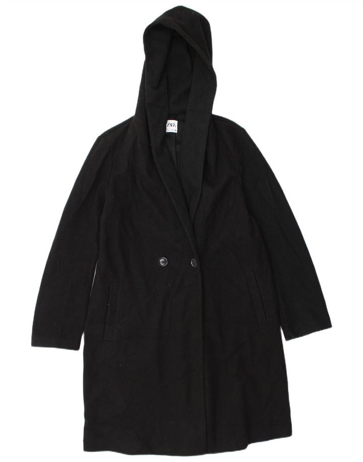 Zara Womens Hooded Oversized Double Breasted Coat UK 10 Small Black
