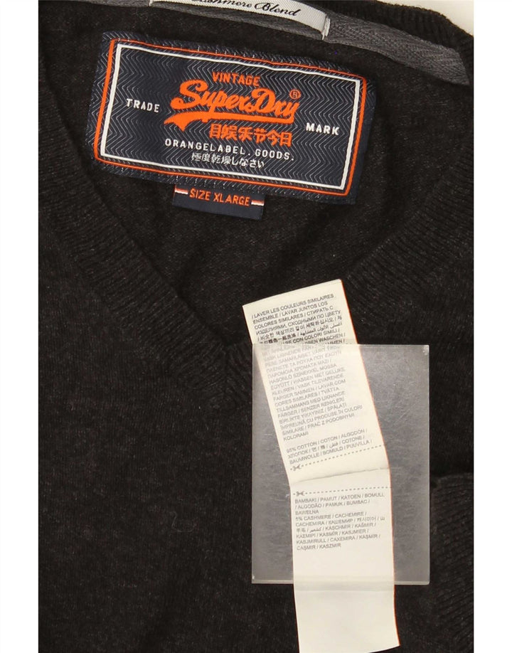 Superdry Mens V-Neck Jumper Sweater XL Grey Cotton