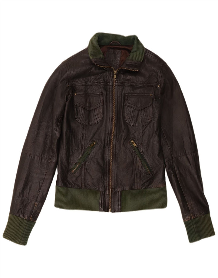 Bershka Womens Bomber Leather Jacket UK 12 Medium Brown Leather