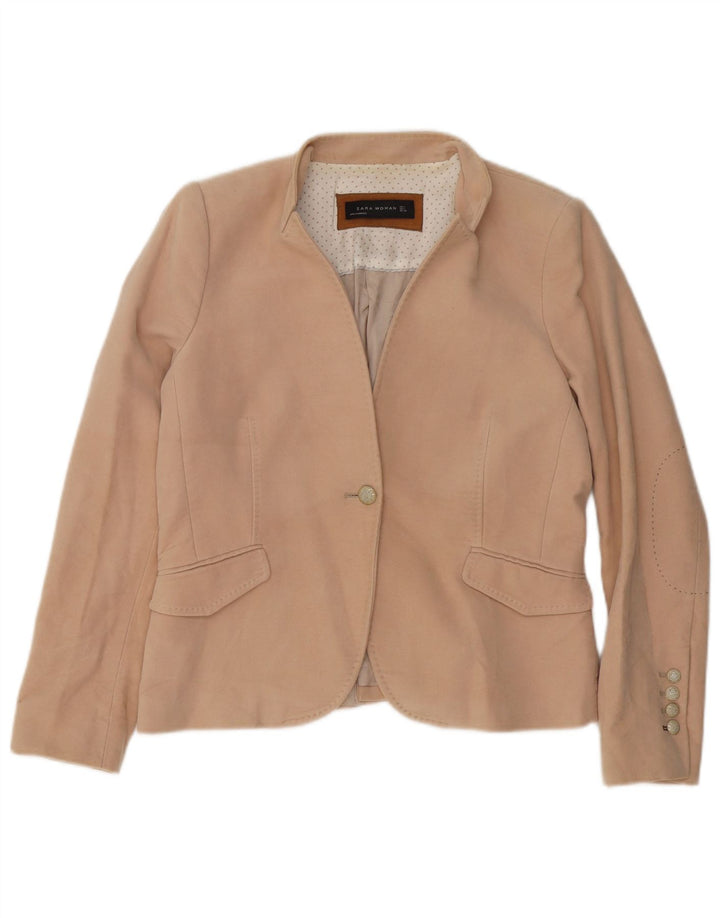 Zara Damen 1-Knopf-Blazerjacke UK 14 Große beige Baumwolle