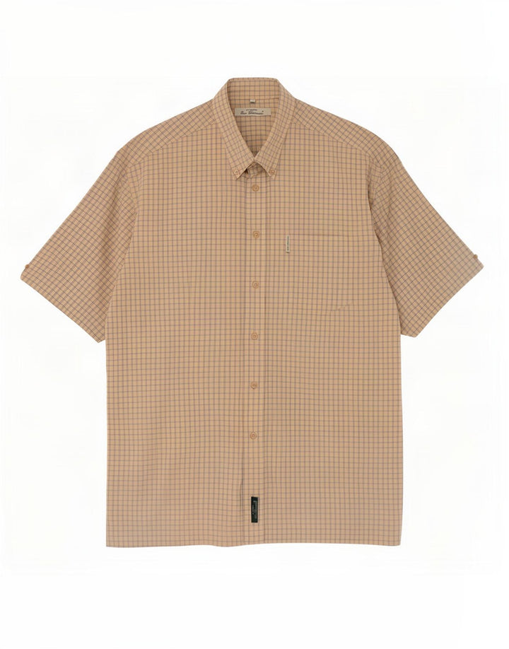 Ben Sherman Mens Short Sleeve Shirt Medium Beige Gingham Cotton