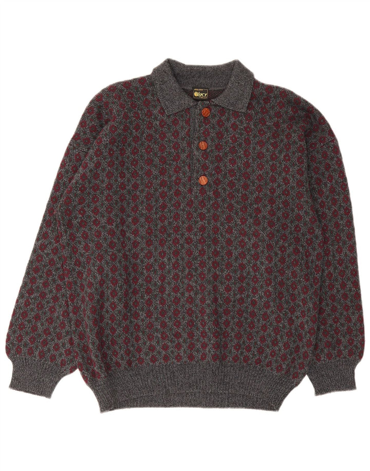 Viky Tricot Mens Polo Neck Jumper Sweater IT 50 Medium Grey Geometric