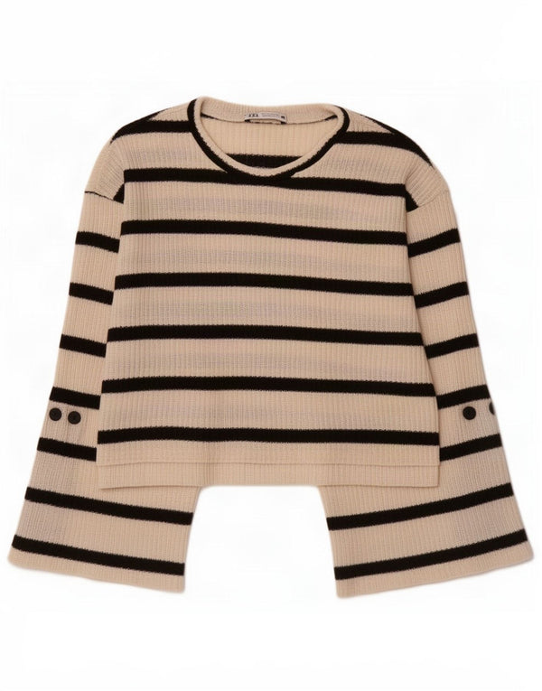 Zara Damen Pullover mit bauchfreiem U-Boot-Ausschnitt, UK 10, klein, weiß gestreift