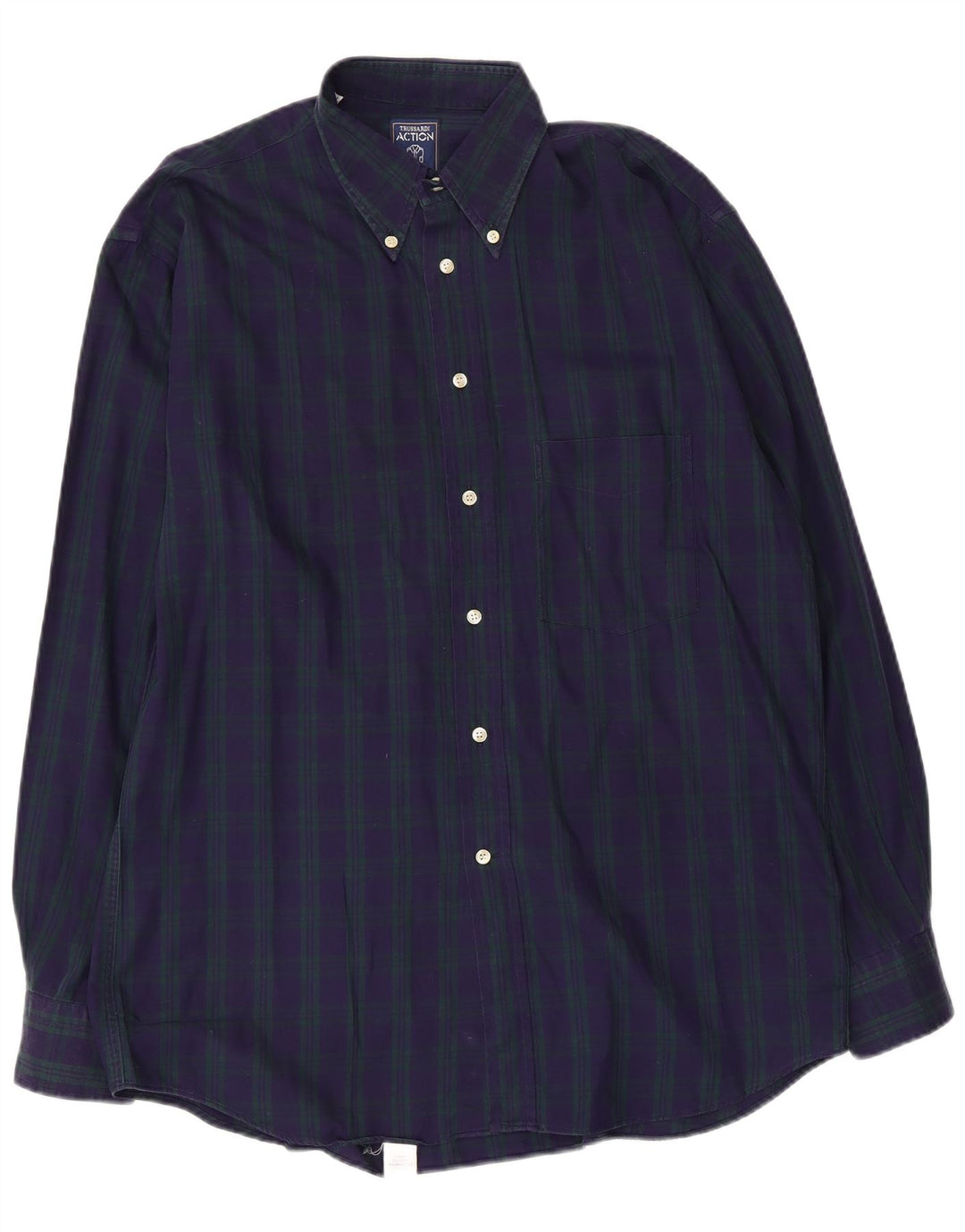 Trussardi Mens Flannel Shirt Size 41 Large Navy Blue Check Cotton