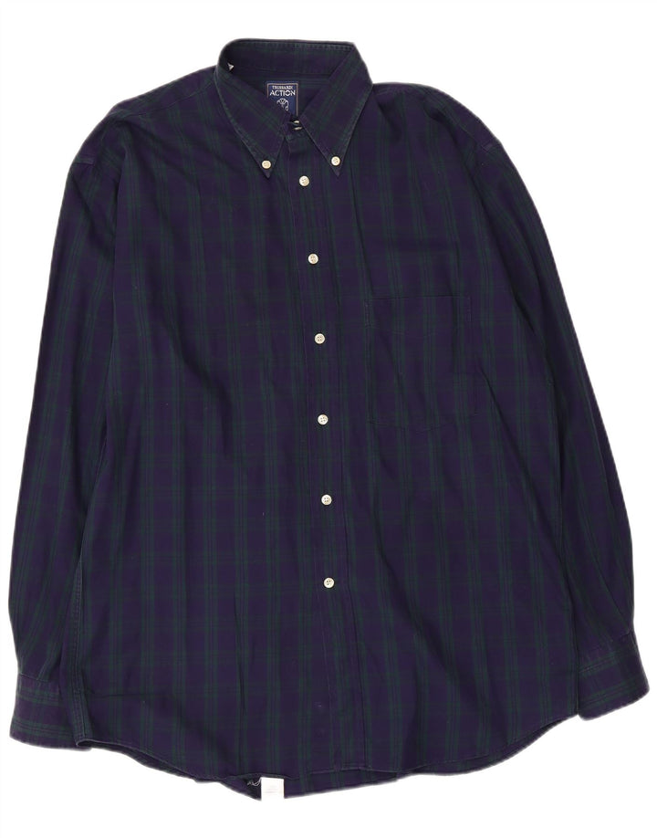 Trussardi Mens Flannel Shirt Size 41 Large Navy Blue Check Cotton