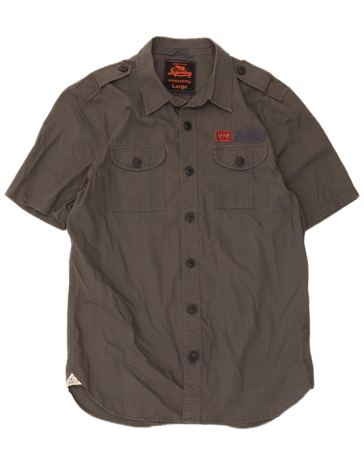 Superdry Mens Short Sleeve Military Shirt Large Grey Cotton