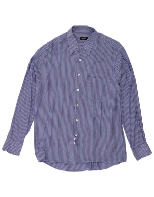 Hugo Boss Mens Shirt Size 40 Medium Blue Striped Cotton Classic