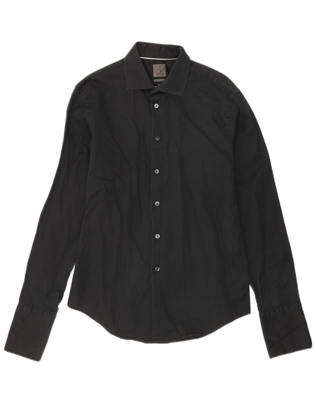 Calvin Klein Mens Formal Shirt Size 39 15 1/2 Medium Black Pinstripe