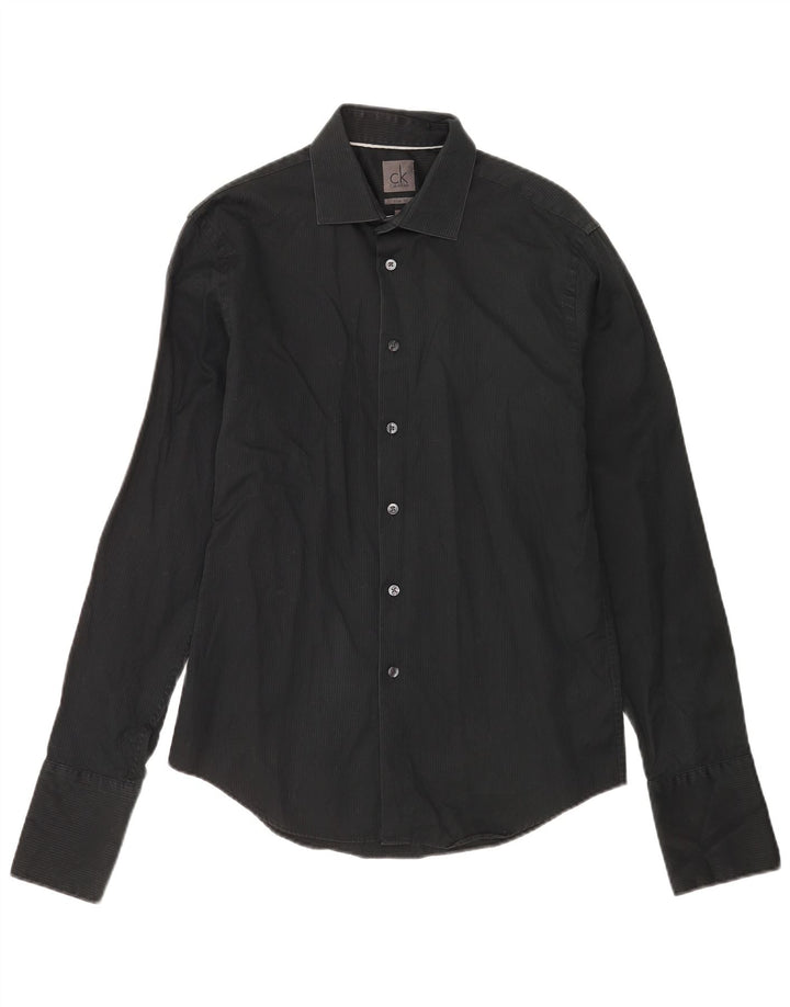 Calvin Klein Mens Formal Shirt Size 39 15 1/2 Medium Black Pinstripe