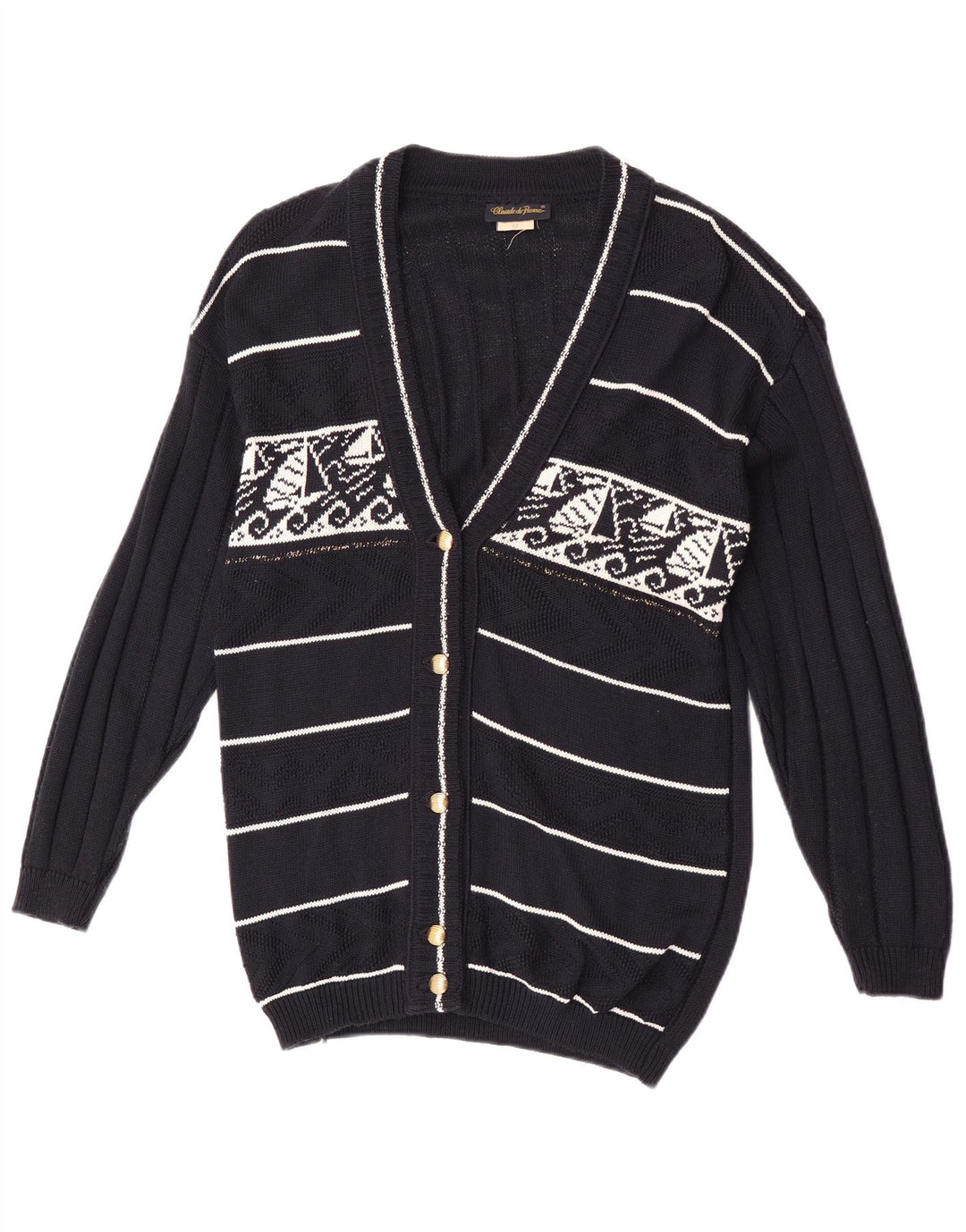 Claude De Pierre Womens Cardigan Sweater UK 14 Medium Navy Blue Geometric
