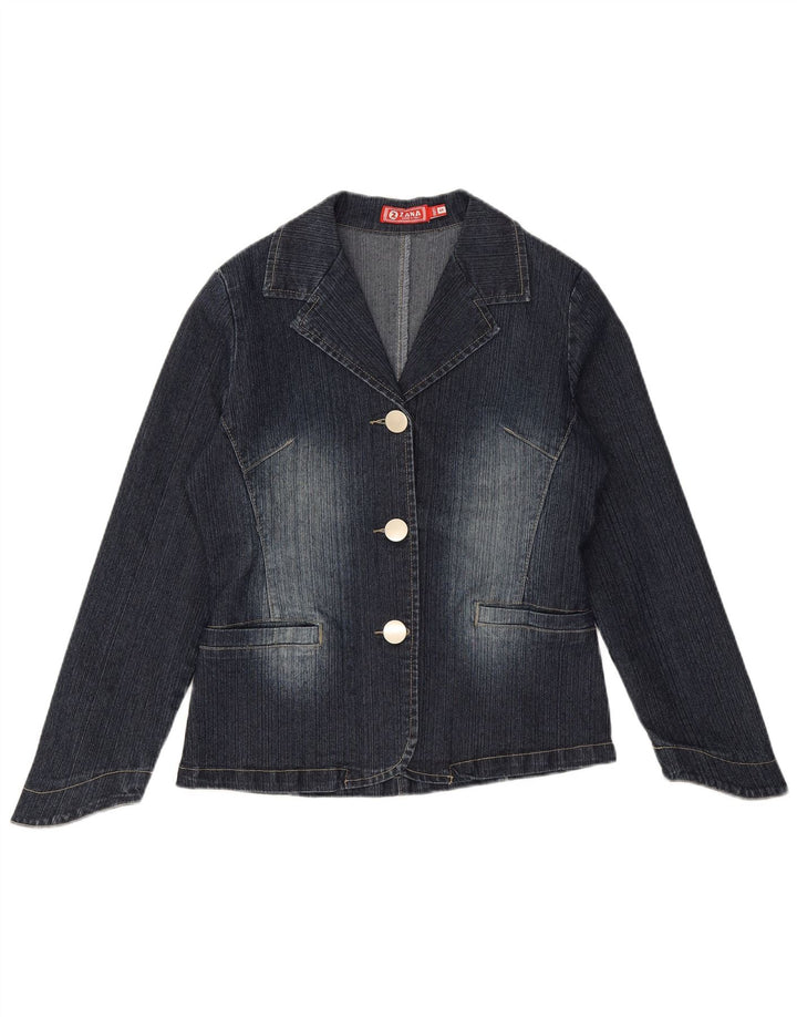 VINTAGE Womens 3 Button Denim Blazer Jacket UK 10 Small Navy Blue Cotton