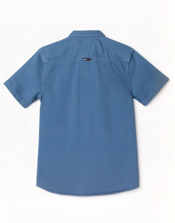 Camicia in denim a maniche corte con grafica da uomo Tommy Hilfiger XS in cotone blu
