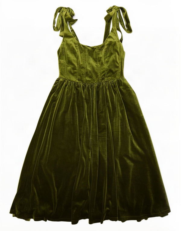Vintage Damen Ärmelloses Samt A-Linien Kleid UK 10 Small Khaki