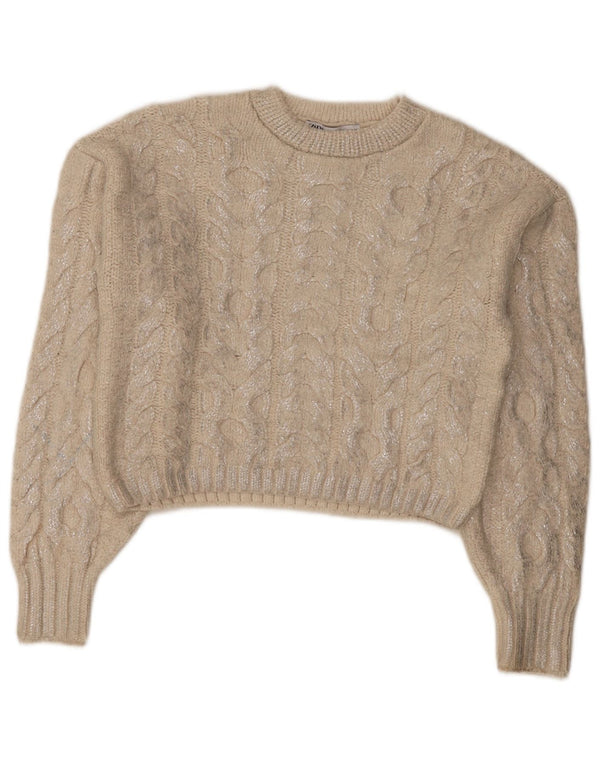 Zara Womens Crop Crew Neck Jumper Sweater UK 14 Medium Beige