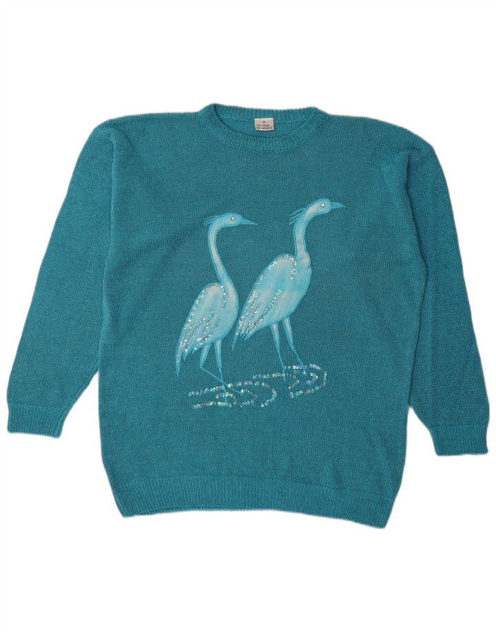 Vintage Womens Graphic Oversized Boat Neck Jumper Sweater UK 14 Medium Blue