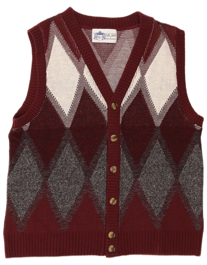 Vintage Mens Cardigan Sweater Large Burgundy Argyle/Diamond