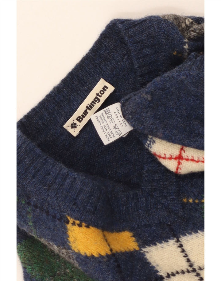 Burlington Mens V-Neck Jumper Sweater Medium Blue Argyle/Diamond New Wool