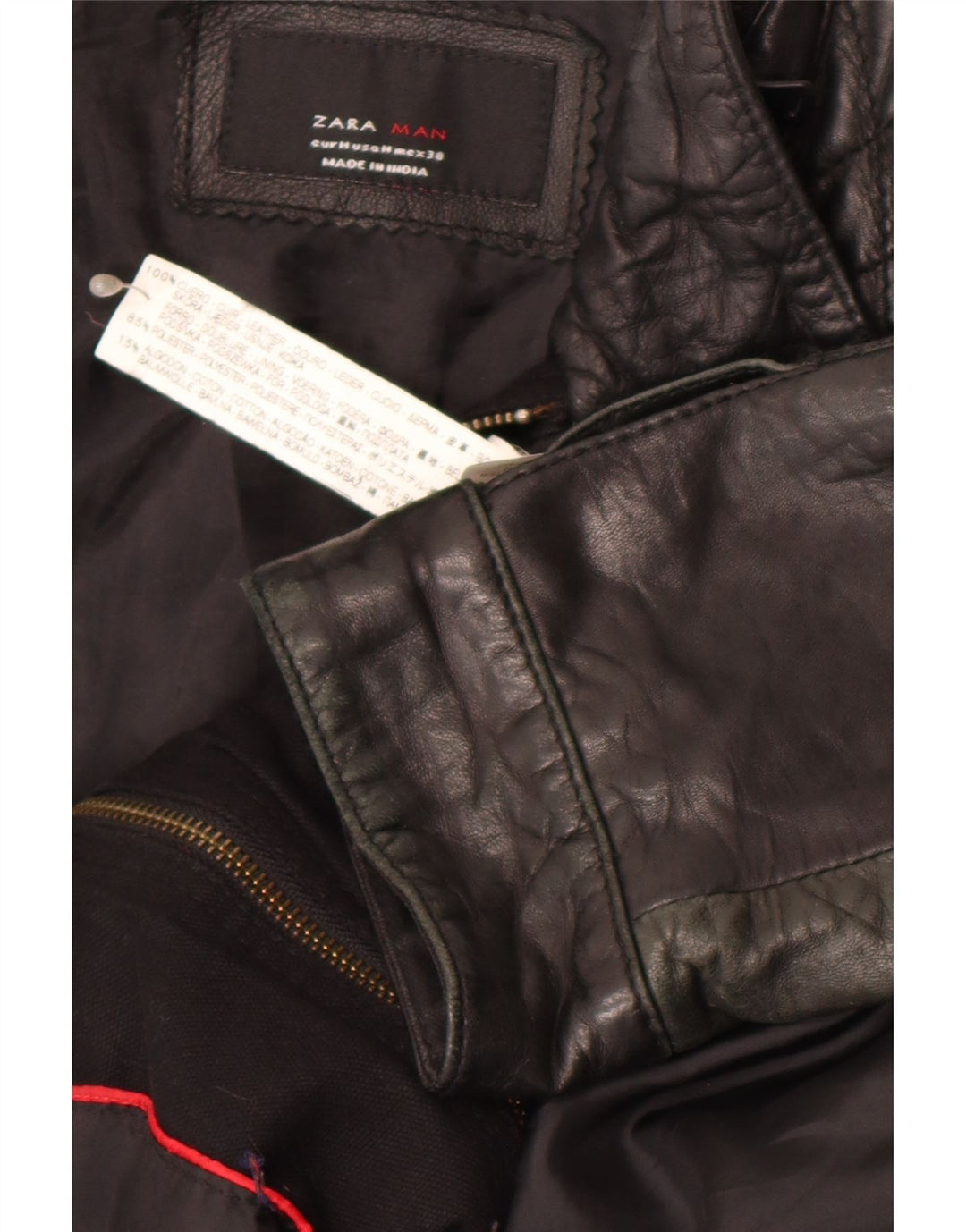 ZARA Herre Læderjakke UK 38 Medium Sort Læder