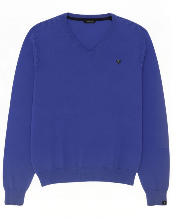 Guess Maglione da uomo con scollo a V in cotone blu medio