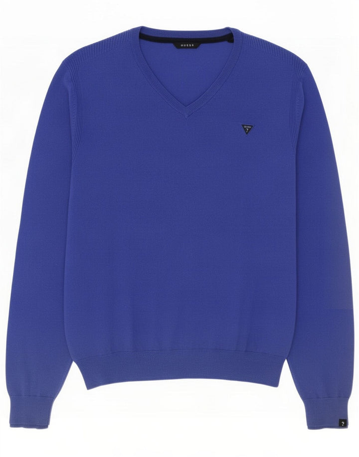 Guess Maglione da uomo con scollo a V in cotone blu medio