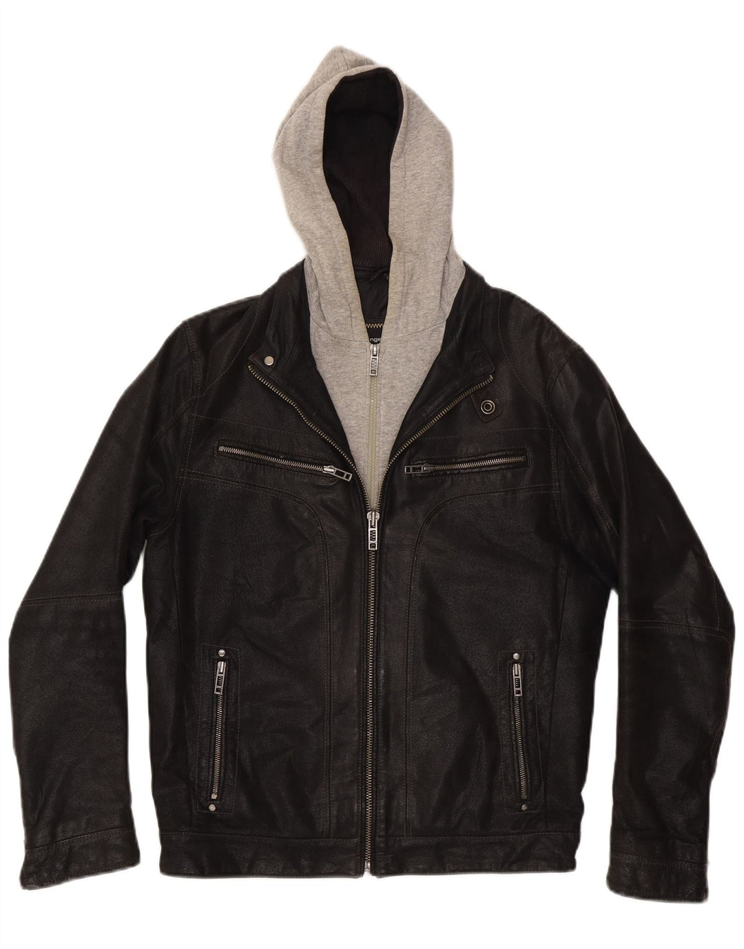 Angelo Litrico Mens Hooded Leather Jacket UK 36 Small Black Colourblock