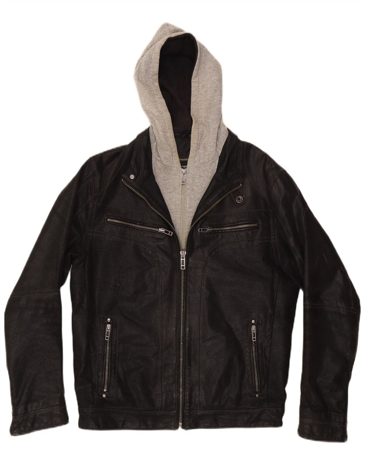 Angelo Litrico Mens Hooded Leather Jacket UK 36 Small Black Colourblock