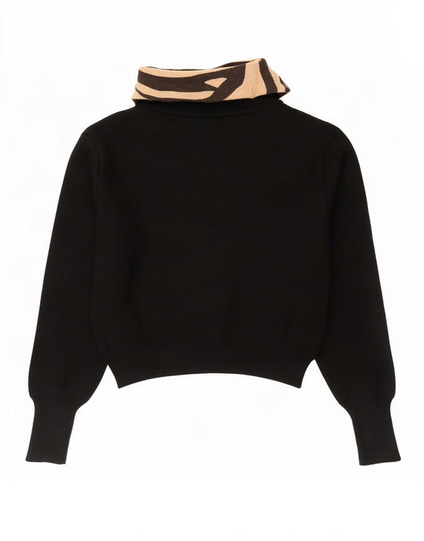 Zara Womens Crop Zip Neck Jumper Sweater UK 16 Large Black Animal Print
