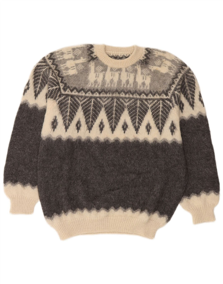 Vintage Mens Crew Neck Jumper Sweater Small Grey Fair Isle