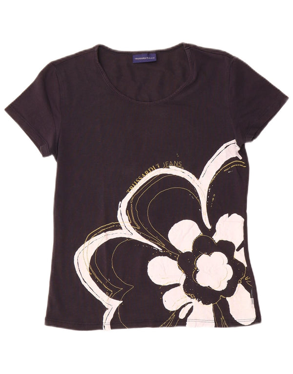 Trussardi Jeans Grafik-T-Shirt-Oberteil für Damen UK 12 Medium Marineblau mit Blumenmuster