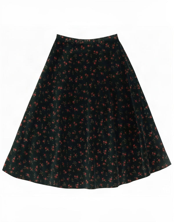 Vintage Womens High Waist Velvet A-Line Skirt 2XS W22 Green Floral