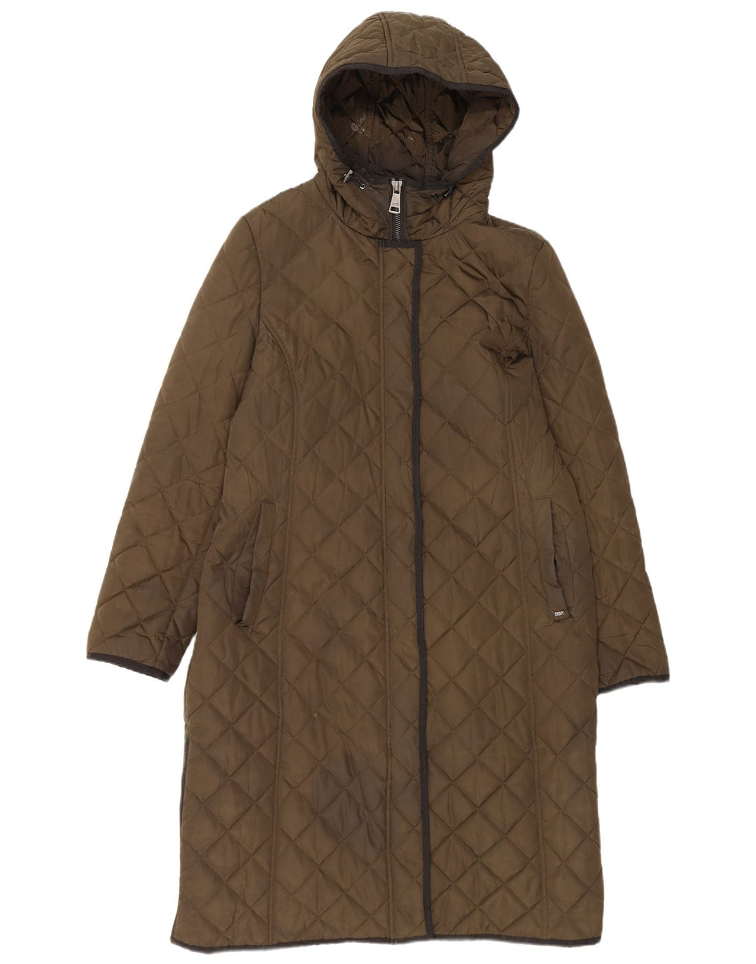 Dkny Dame Hætte Quiltet Overfrakke UK 16 Stor Khaki Polyester