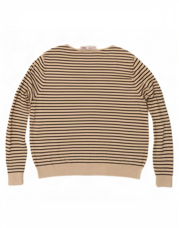 Zara Damen-Pullover mit U-Boot-Ausschnitt, Gr. 10, klein, beige gestreift, nautisch