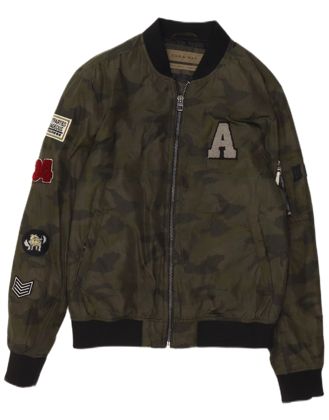 Zara Mens Graphic Bomber Jacket UK 40 Grande Verde Camuflaje Poliéster
