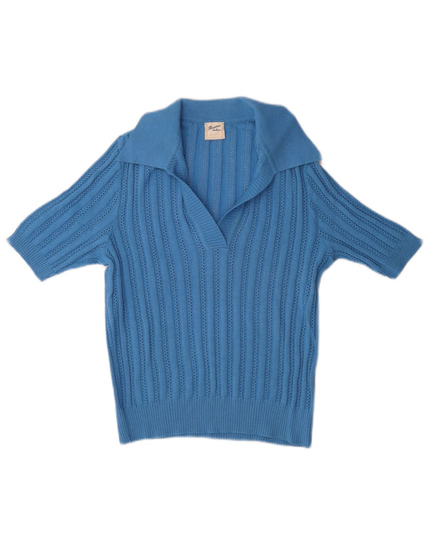 Vintage Womens Short Sleeve Polo Neck Jumper Sweater IT 40 Small Blue Wool