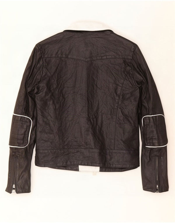 Replay Dame Læder Biker Jacket UK 6 XS Sort Colourblock Lammeskind