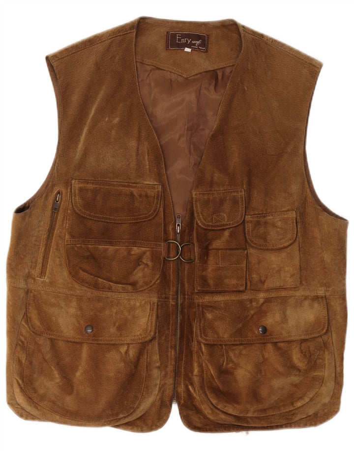vintage Mens Suede Utility Gilet UK 38 Cuir Marron Moyen