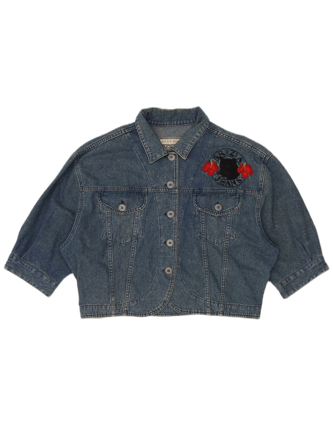 KRIZIA JEANS Womens Oversized Crop Denim Jacket IT 44 Medium Blue Floral