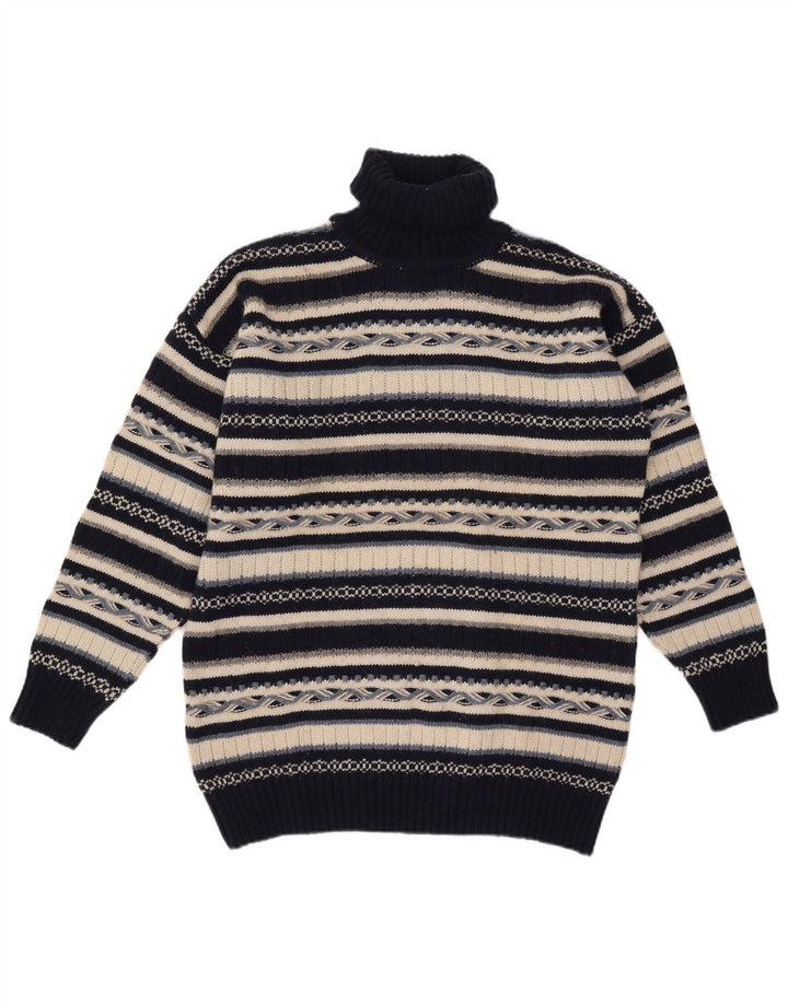 Vintage Mens Roll Neck Jumper Sweater Medium Navy Blue Striped Wool
